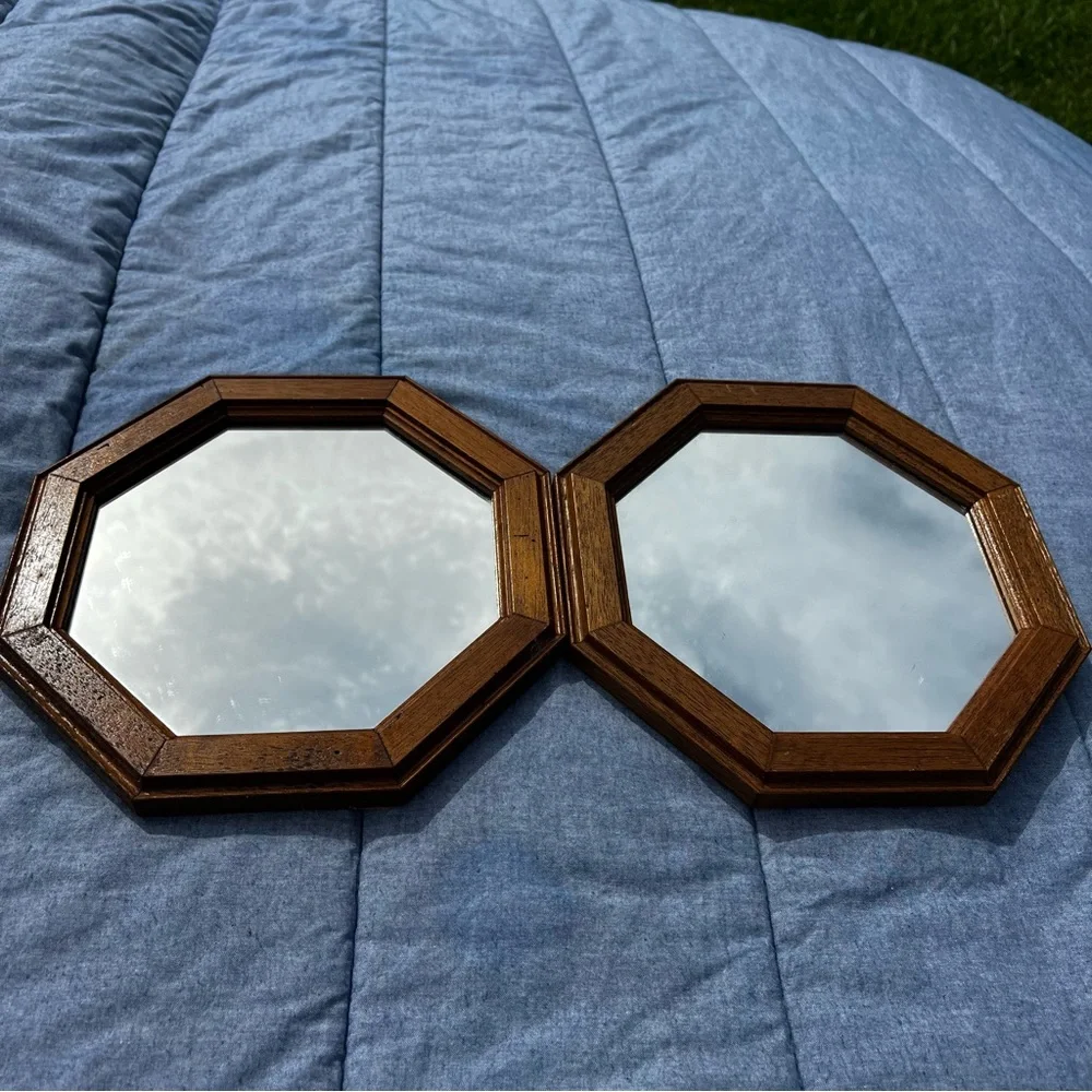 Vintage Pair of Octagonal Porthole Mirrors With Wood Trim